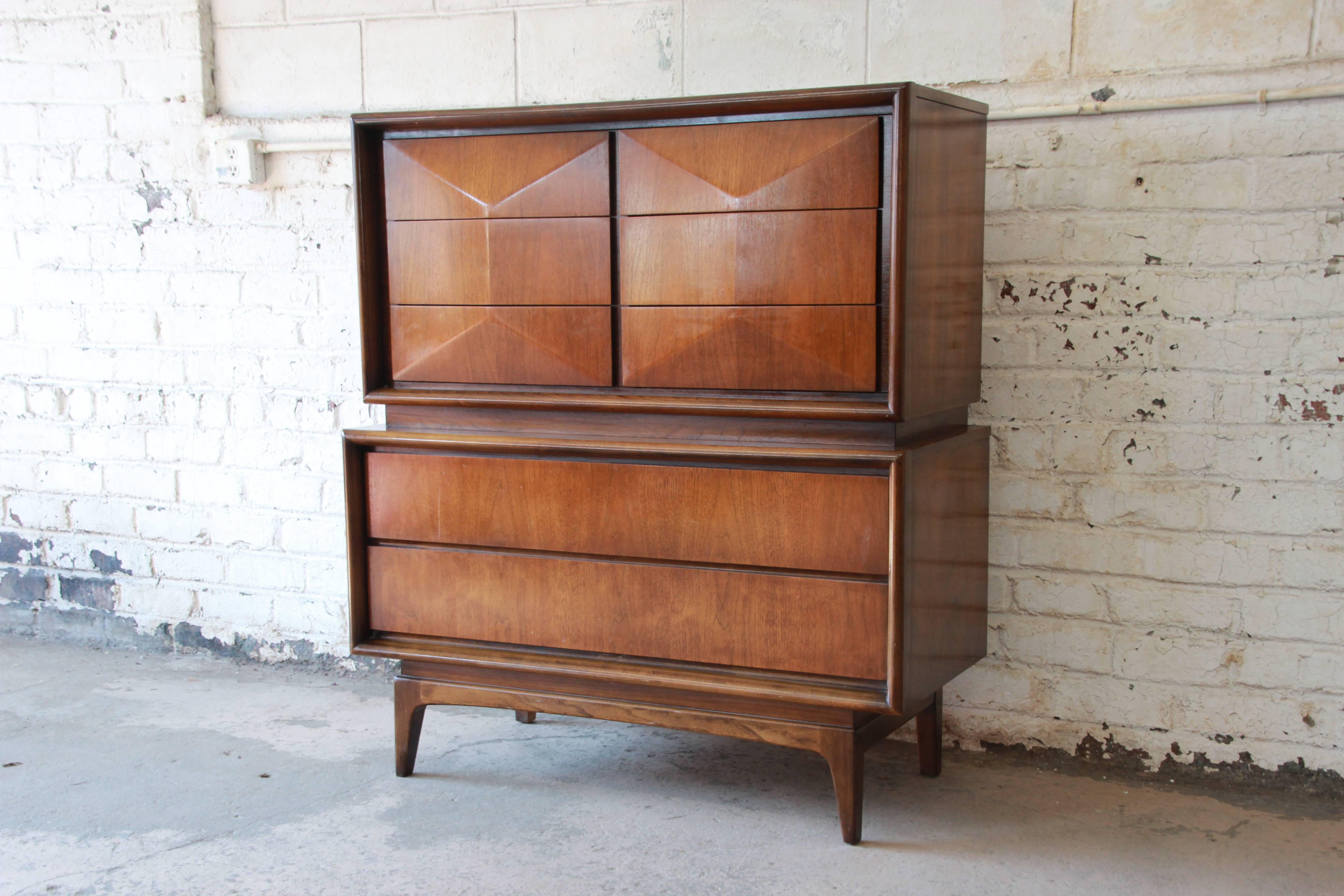 Mid-20th Century Mid-Century Modern Walnut Diamond Front Highboy Dresser by United