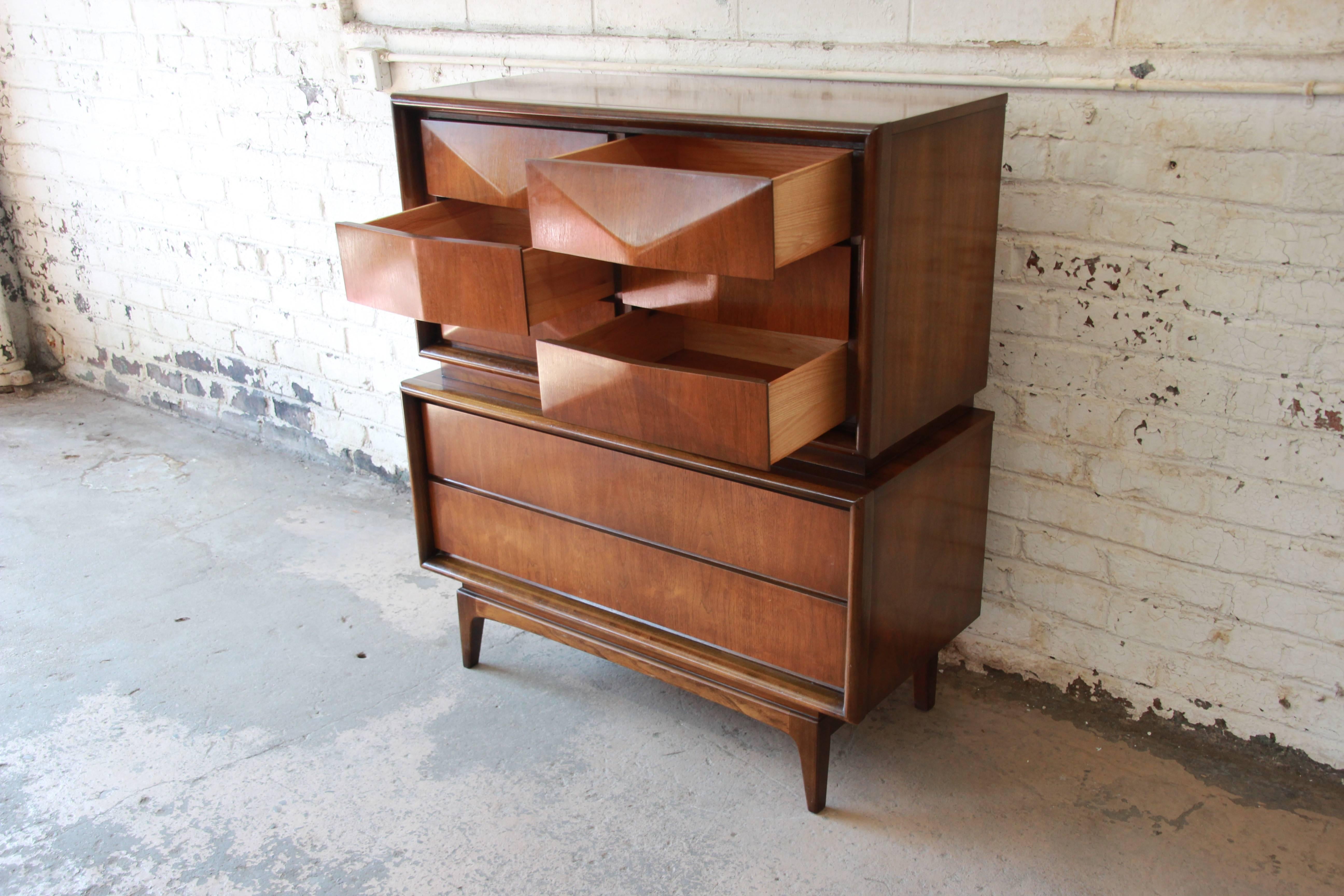 Mid-Century Modern Walnut Diamond Front Highboy Dresser by United 2