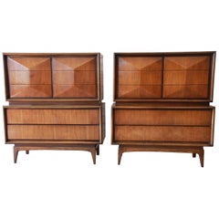 Mid-Century Modern Walnut Diamond Front Highboy Dresser by United