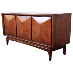 Mid-Century Modern Walnut Diamond Front Triple Dresser or Credenza by United