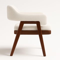 Mid-Century Modern Walnut Dining Chair-Back Armrests & Seat In White Boucle