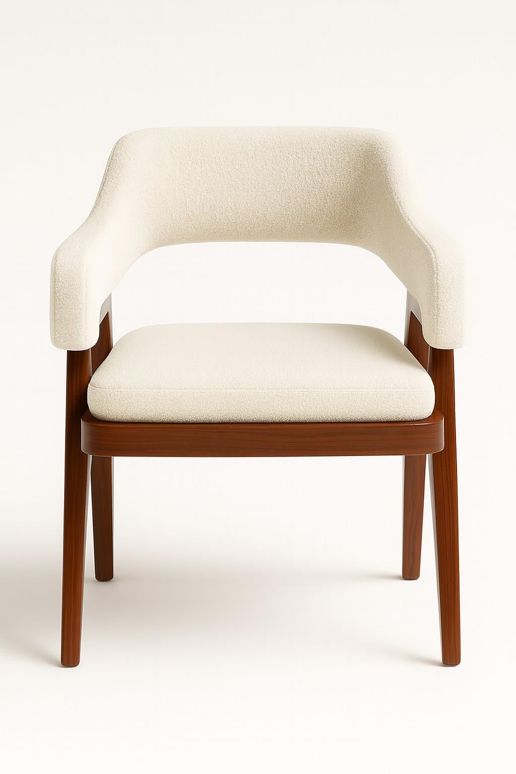 Portuguese Mid-Century Modern Walnut Dining Chair-Back Armrests & Seat In White Boucle For Sale