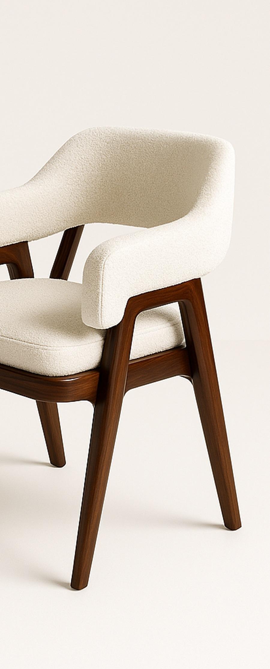 Hand-Crafted Mid-Century Modern Walnut Dining Chair-Back Armrests & Seat In White Boucle For Sale