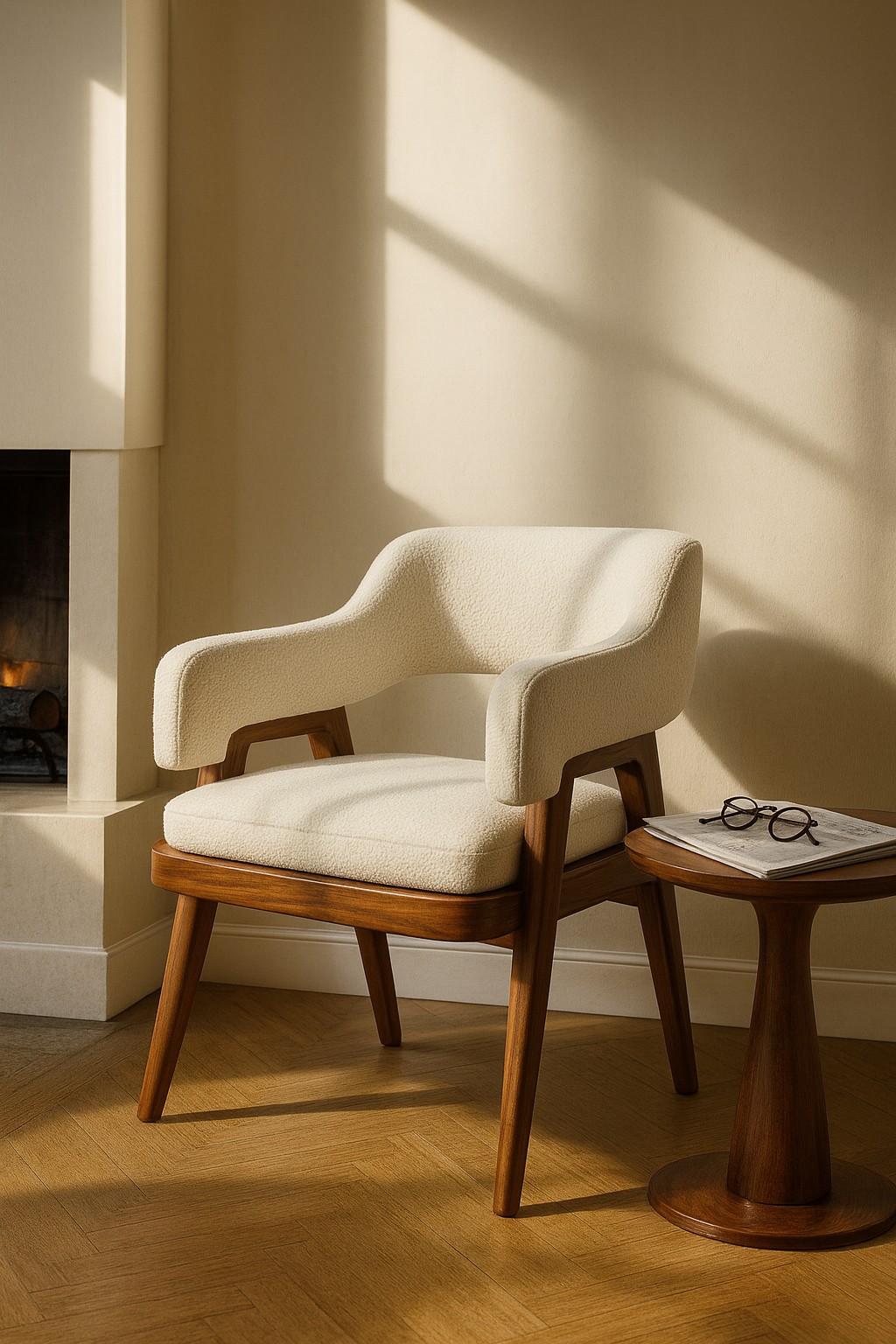 Mid-Century Modern Walnut Dining Chair-Back Armrests & Seat In White Boucle In New Condition For Sale In NEW YORK, NY