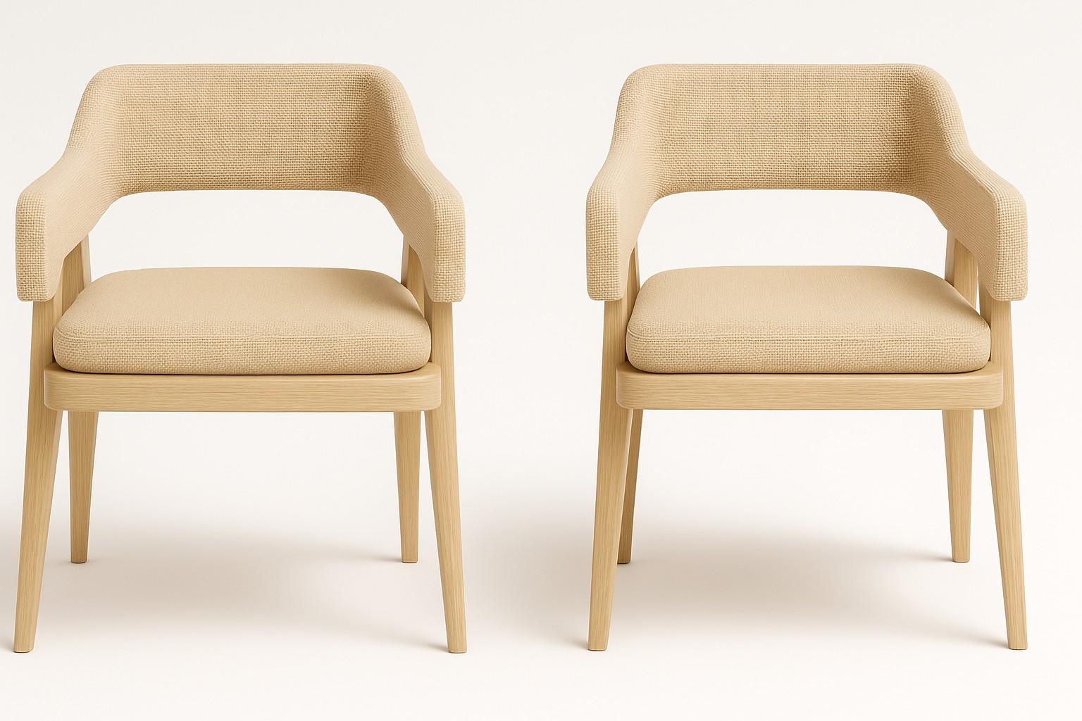 Fabric Mid-Century Modern Walnut Dining Chair-Back Armrests & Seat In White Boucle For Sale