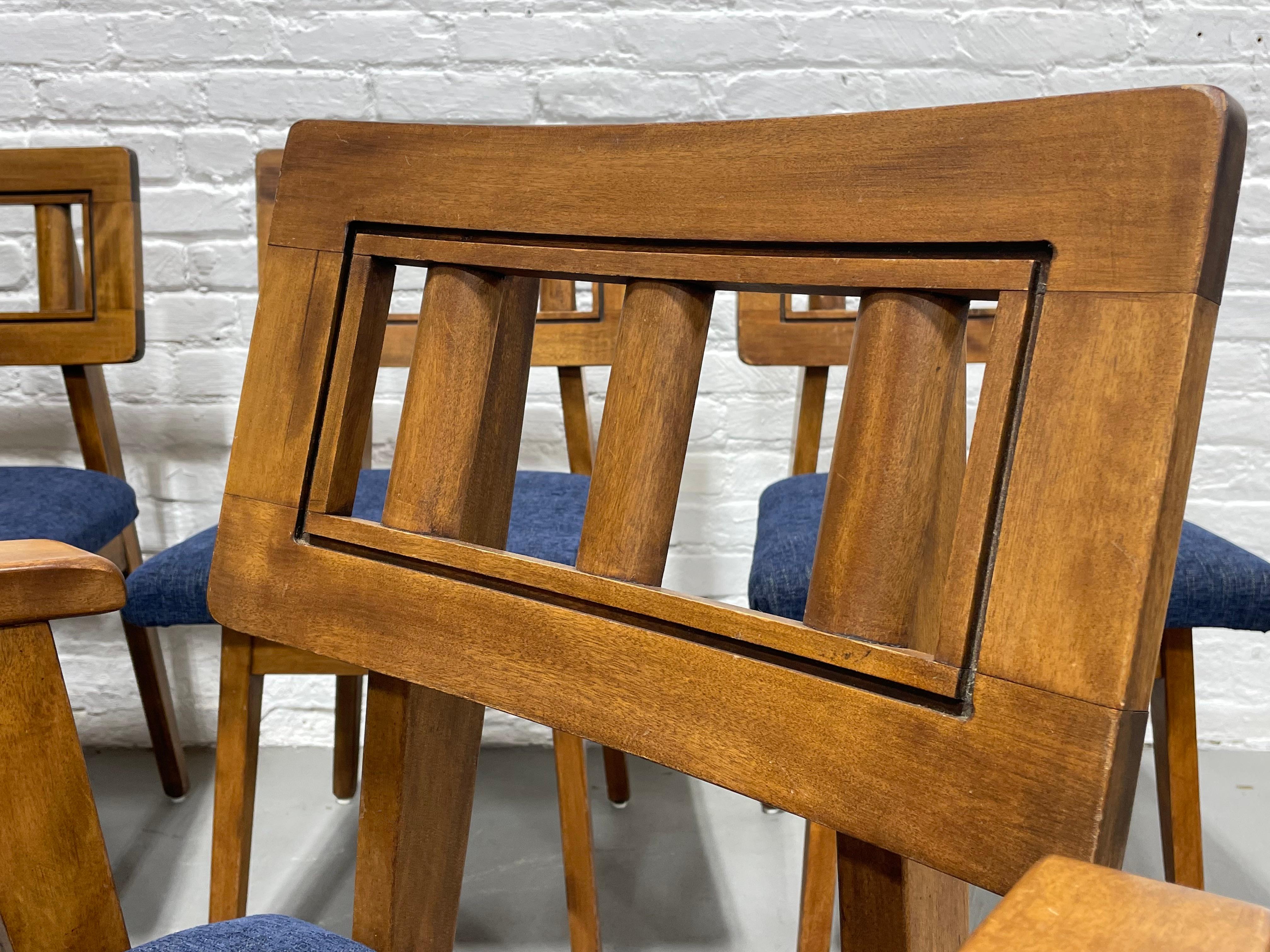 Mid-Century Modern Walnut Dining Chairs + New Denim Upholstery, Set/6 In Good Condition For Sale In Weehawken, NJ