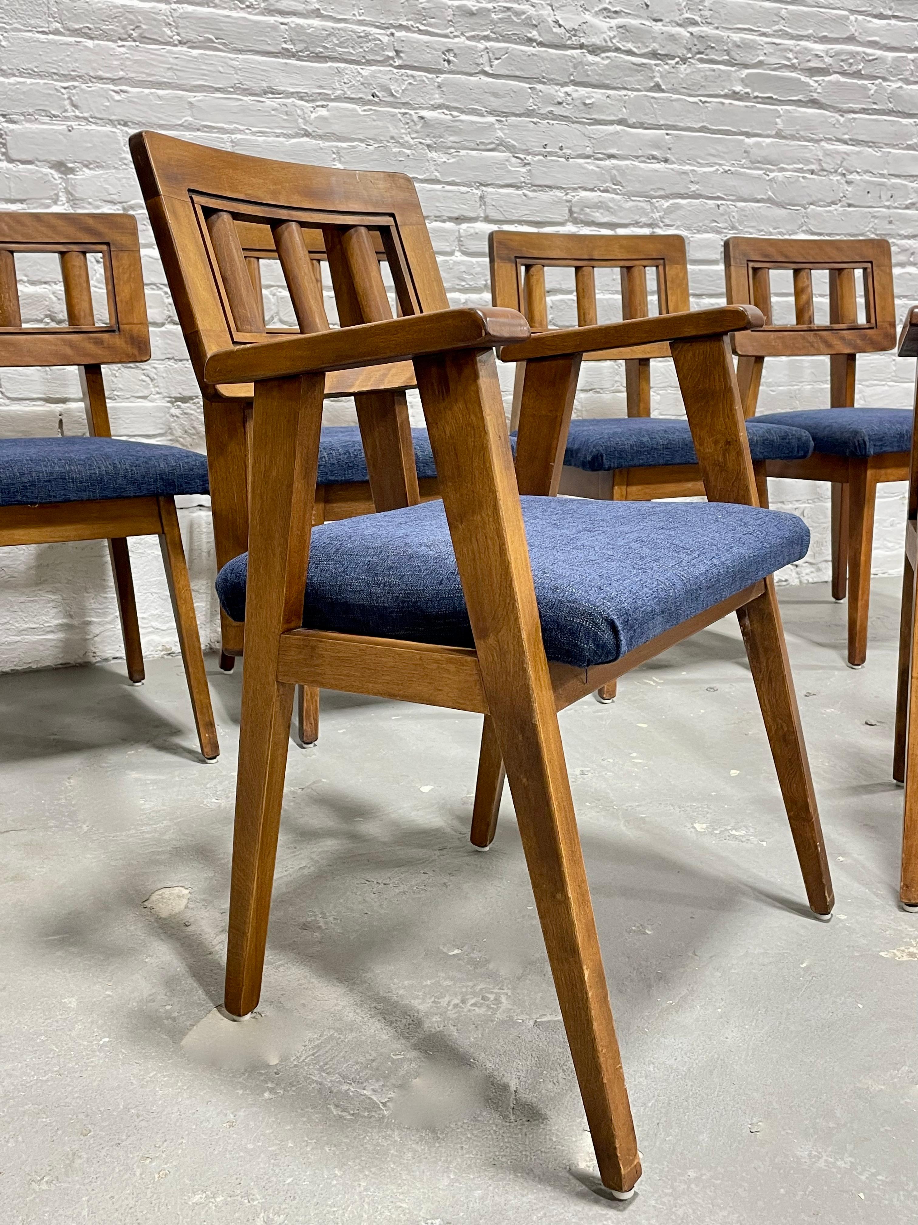 Fabric Mid-Century Modern Walnut Dining Chairs + New Denim Upholstery, Set/6 For Sale