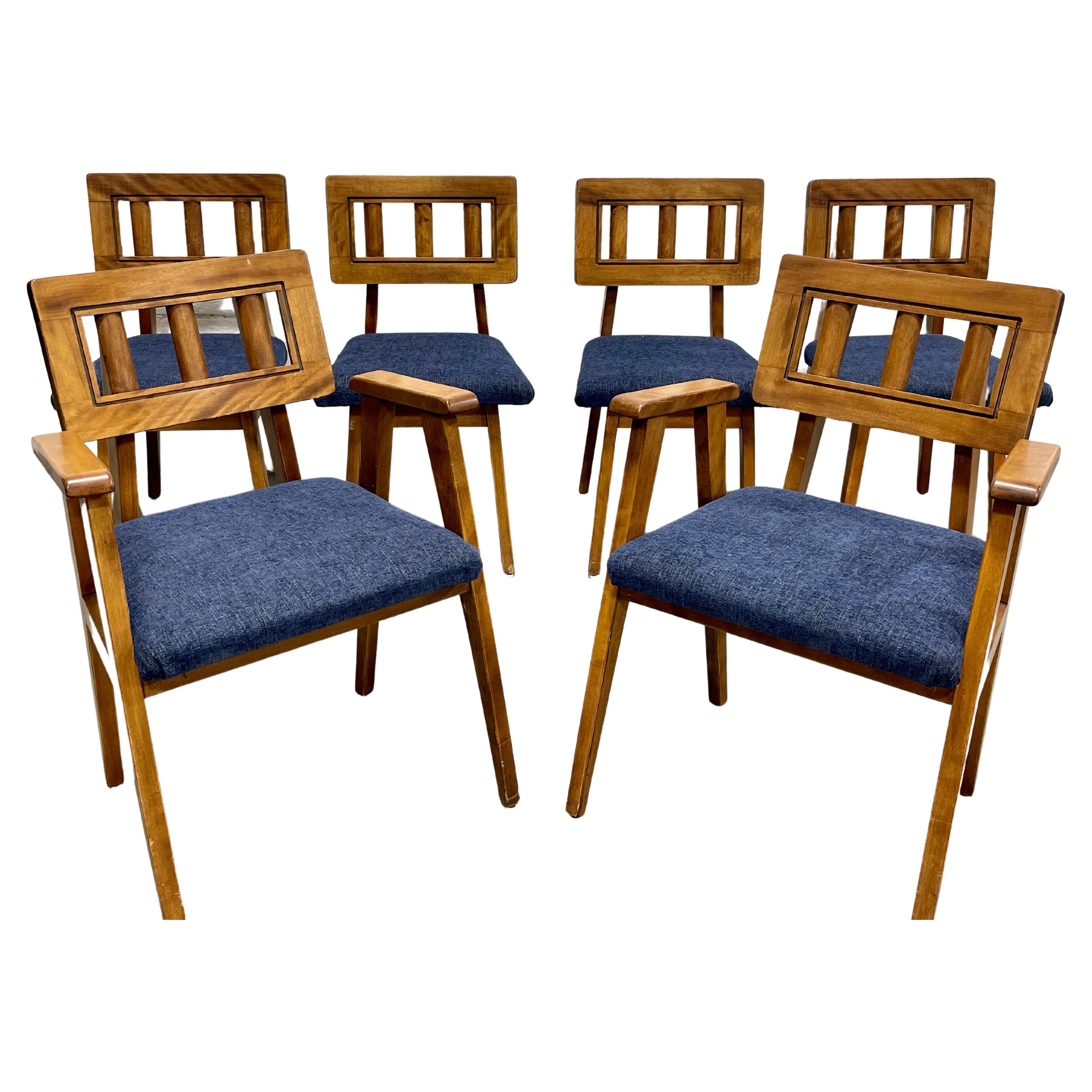 Mid-Century Modern Walnut Dining Chairs + New Denim Upholstery, Set/6