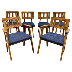 Mid-Century Modern Walnut Dining Chairs + New Denim Upholstery, Set/6