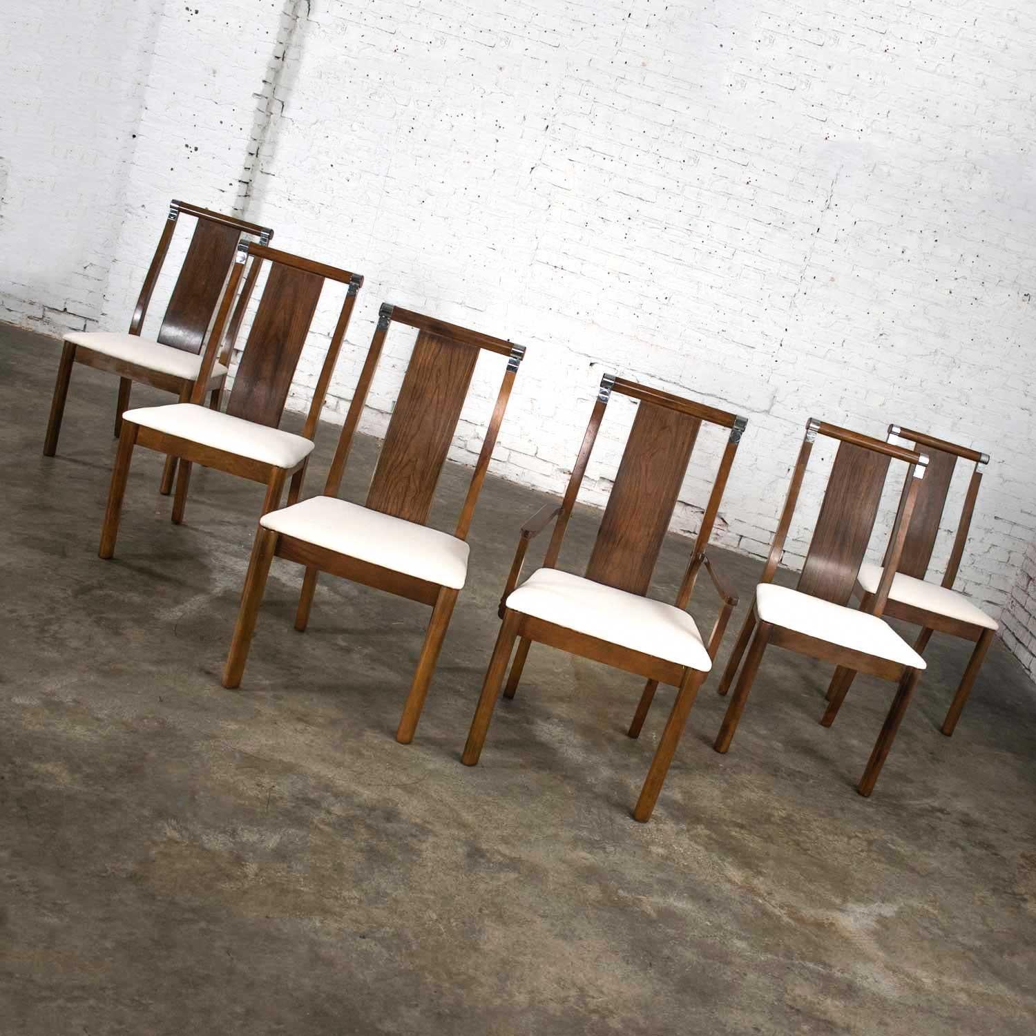 Stained Mid-Century Modern Walnut Dining Chairs Set of 6 with Chrome Accents