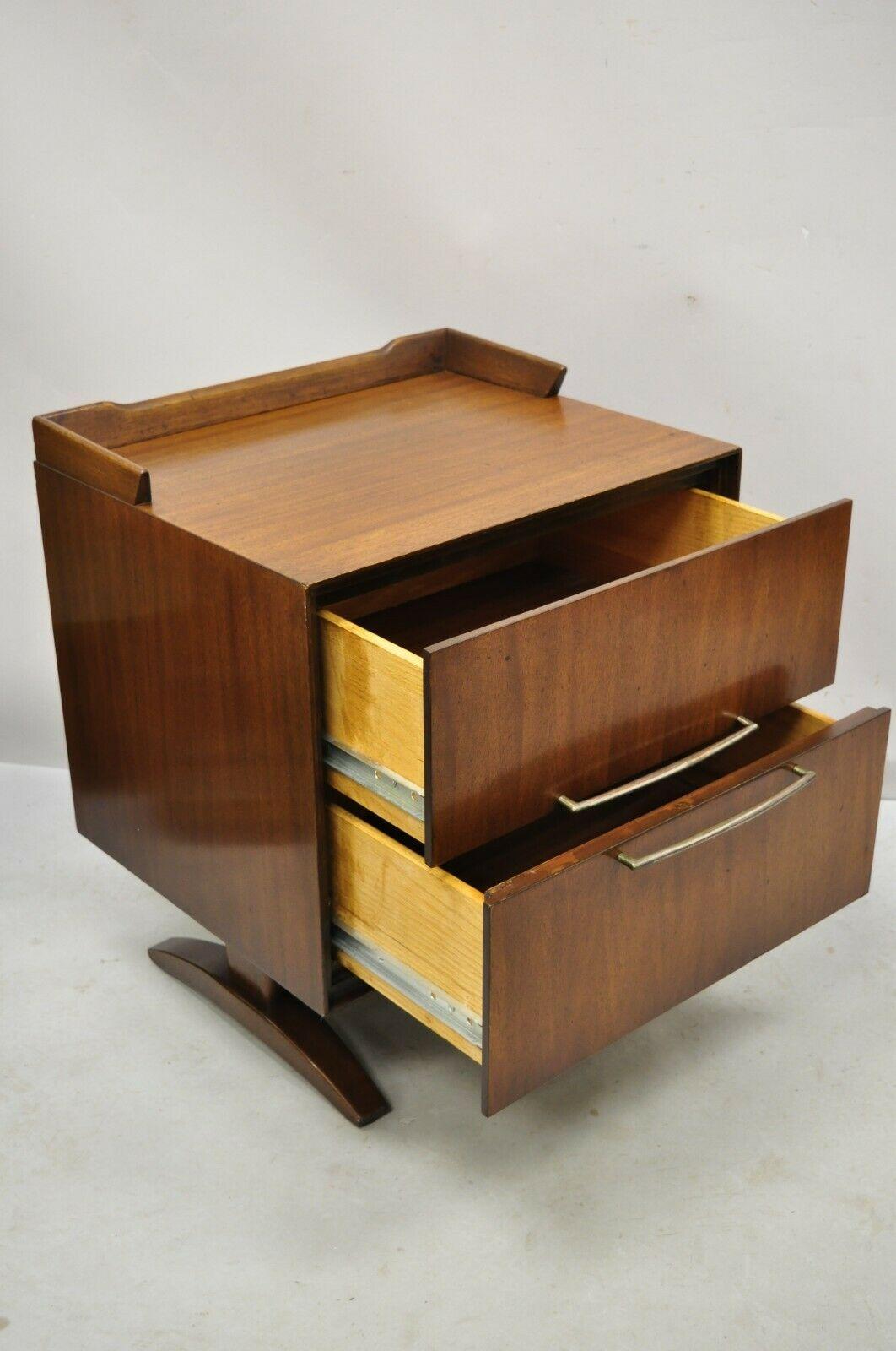 American Mid-Century Modern Walnut Double Pedestal Nightstand Bedside Table