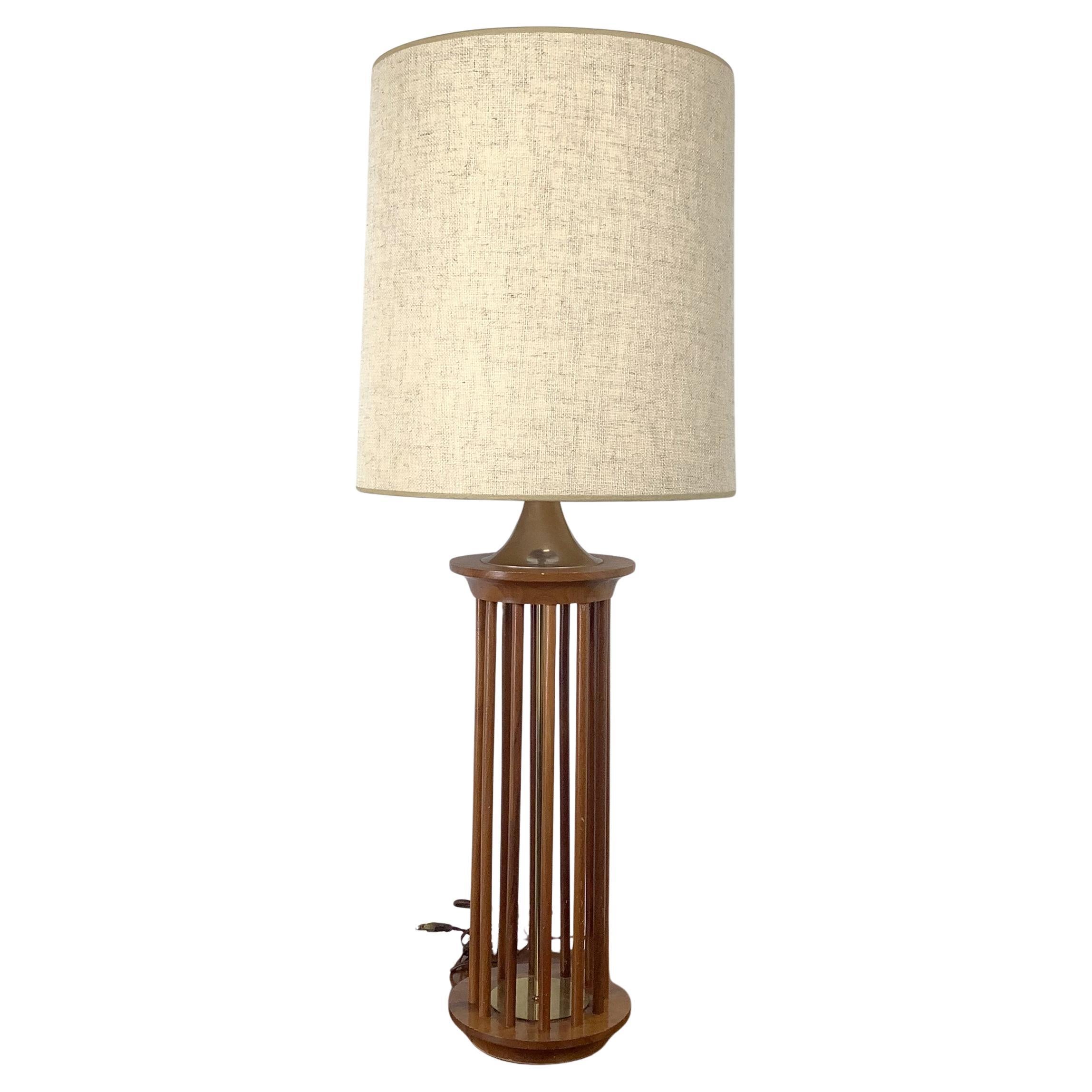 Mid-Century Modern Walnut Dowel Table Lamp with Linen Shade For Sale