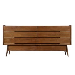 Mid-Century Modern Walnut Dresser with Brass Accents, 78" Long, 1960s