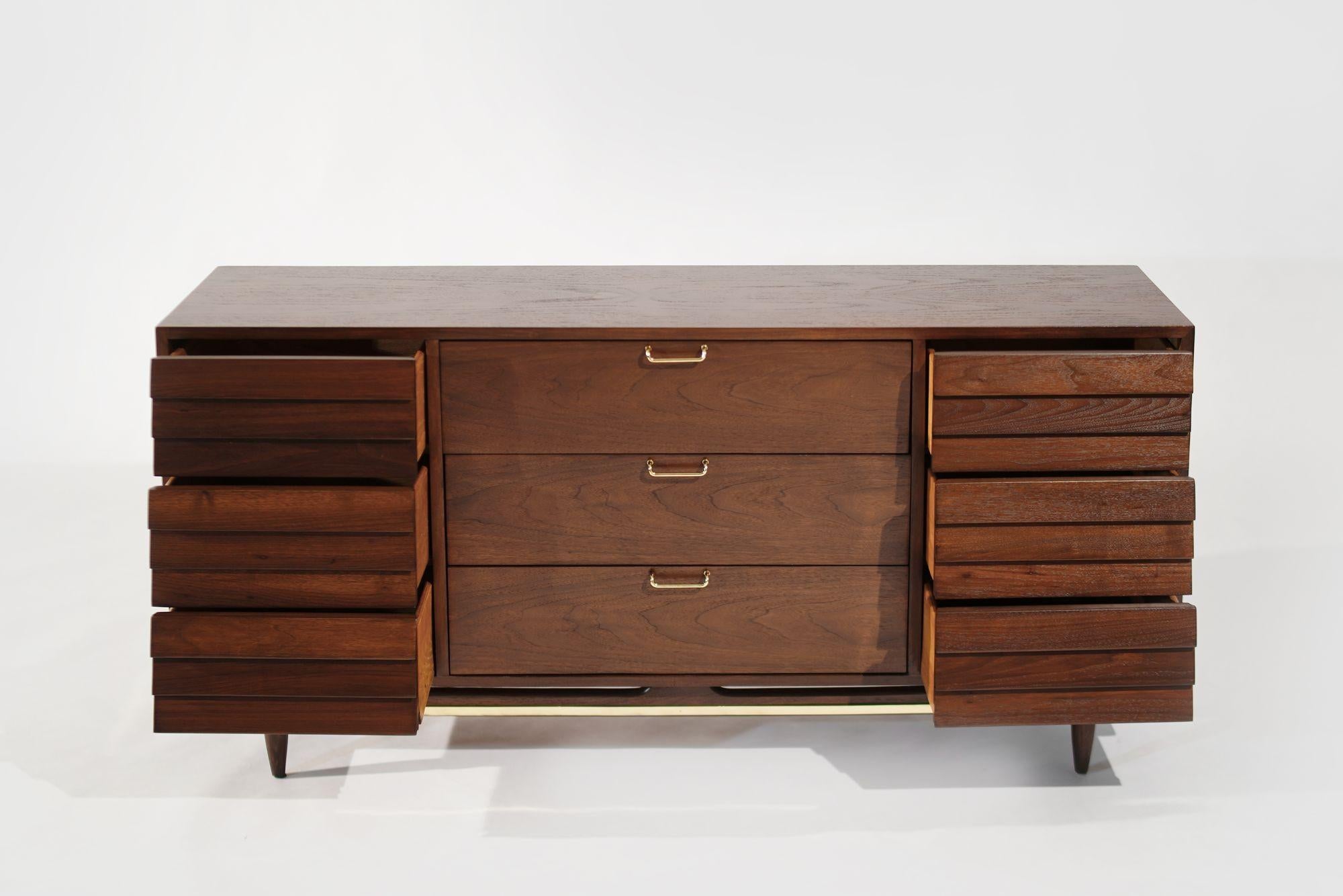 Mid-Century Modern Mid Century Modern Walnut Dresser with Brass Accents, C. 1950s For Sale