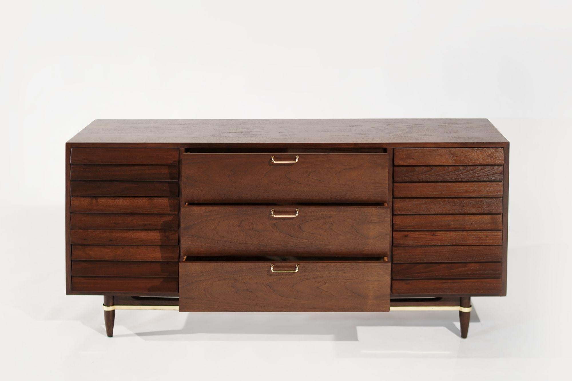 American Mid Century Modern Walnut Dresser with Brass Accents, C. 1950s For Sale
