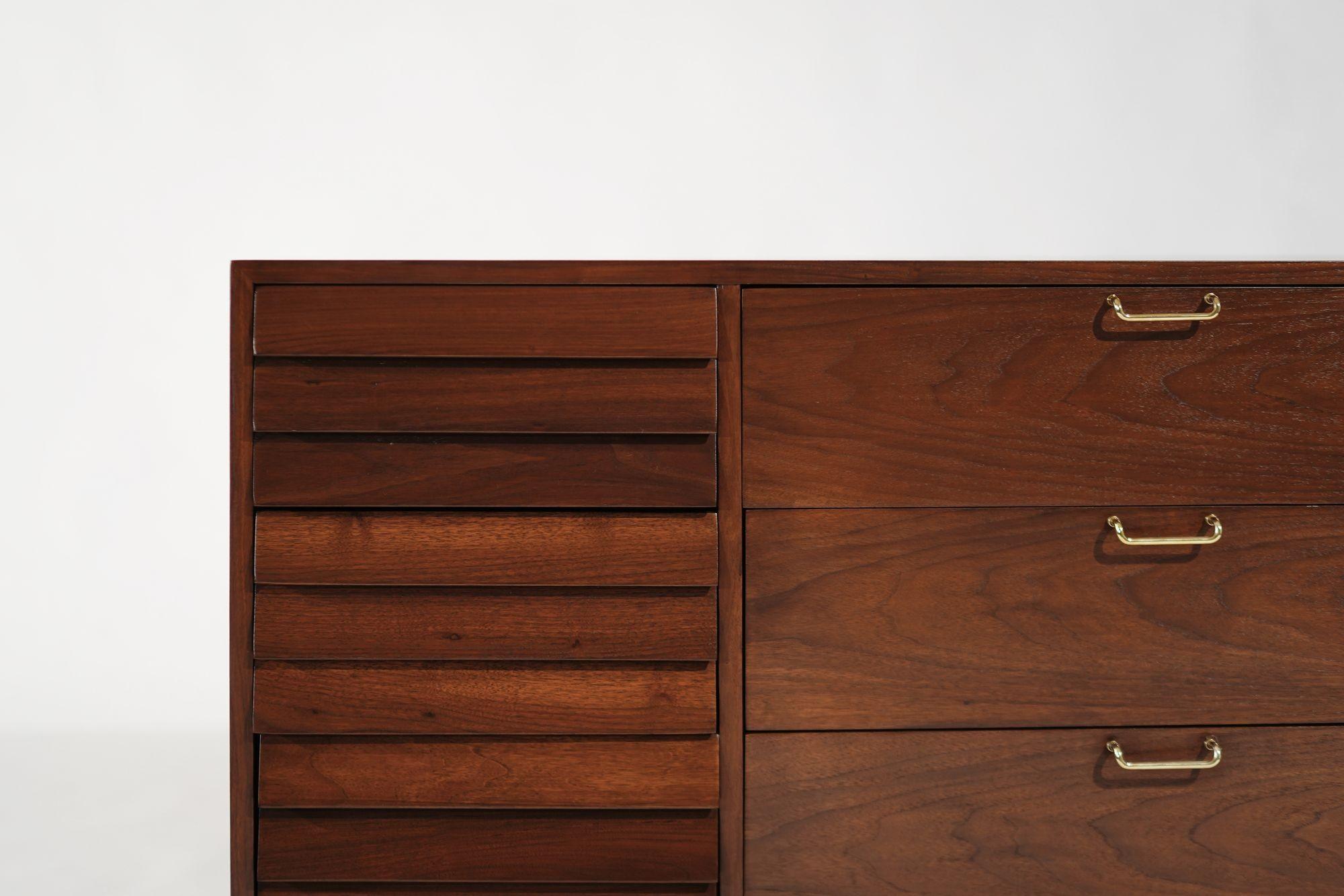Mid Century Modern Walnut Dresser with Brass Accents, C. 1950s For Sale 1