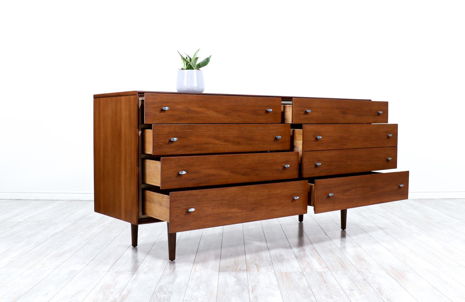 American Mid-Century Modern Walnut Dresser with Chrome Pulls by R-Way Furniture