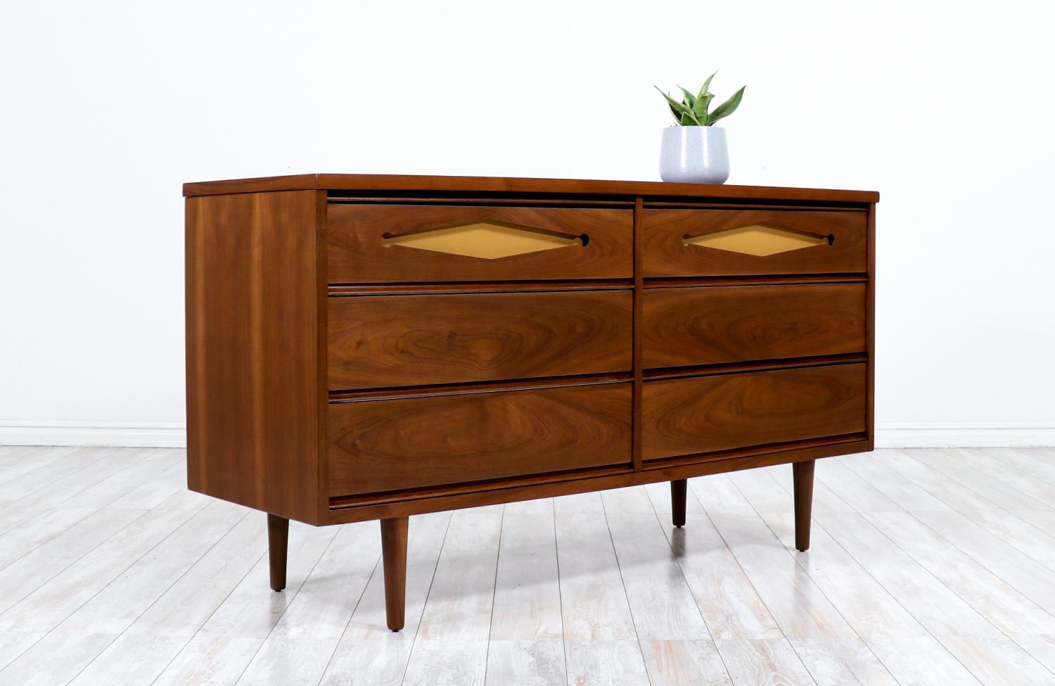 American Mid-Century Modern Walnut Dresser with Lacquered Accent Drawers For Sale