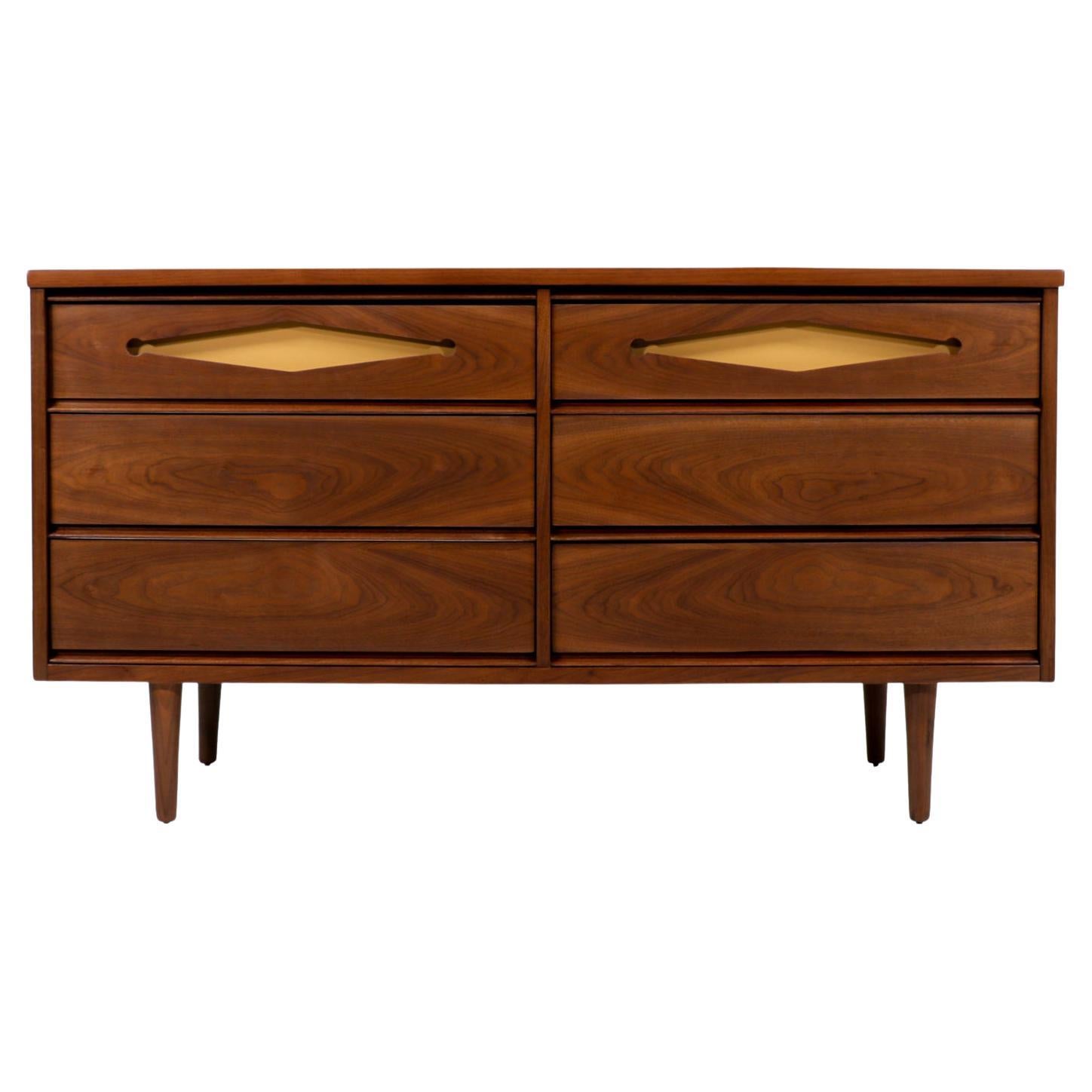 Mid-Century Modern Walnut Dresser with Lacquered Accent Drawers For Sale