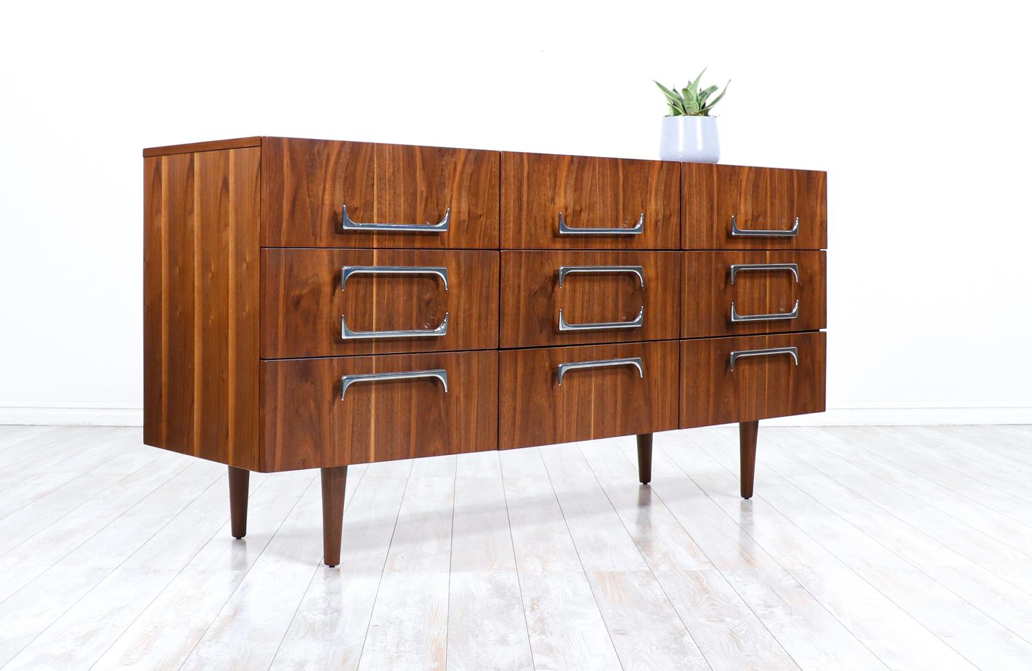 American Mid-Century Modern Walnut Dresser with Sculpted Chrome Pulls