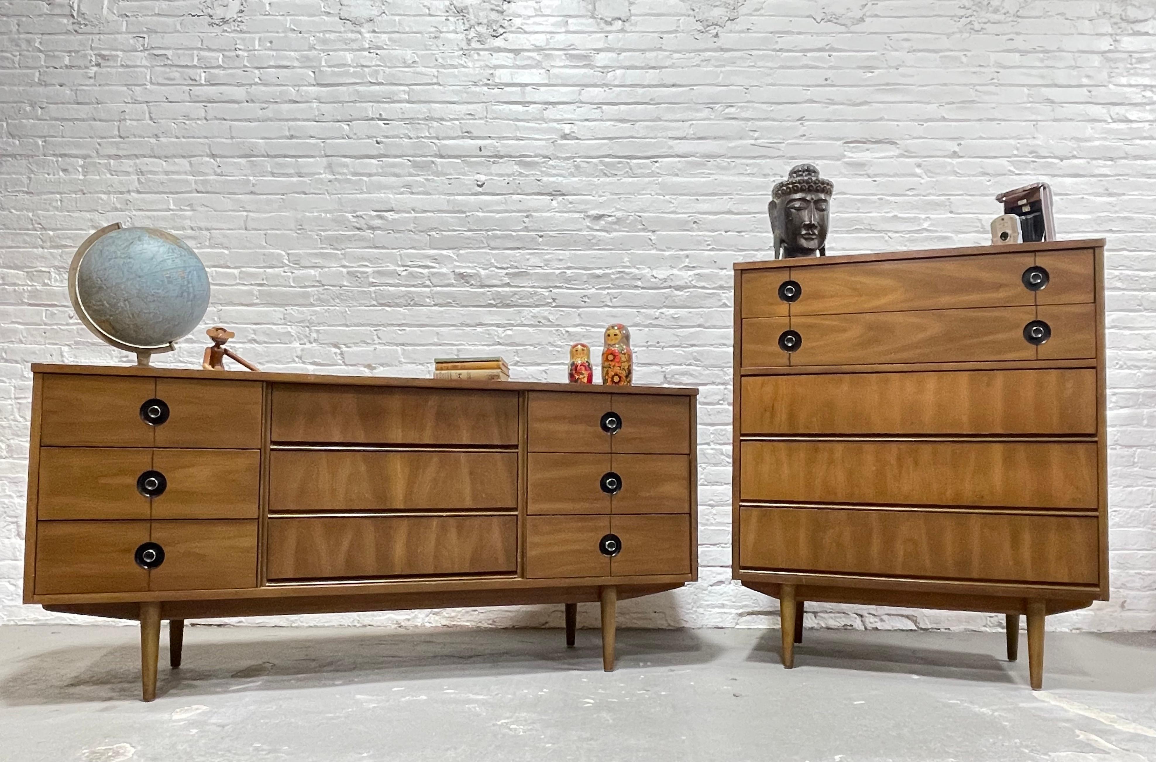 Mid Century Modern Walnut DRESSERS / BEDROOM SET by Stanley Furniture Co., c. 1960's. These extremely well made pieces offer a ton of storage space, gorgeous woodgrains and unique recessed ebonized chrome drawer pull design. Manufactured by American
