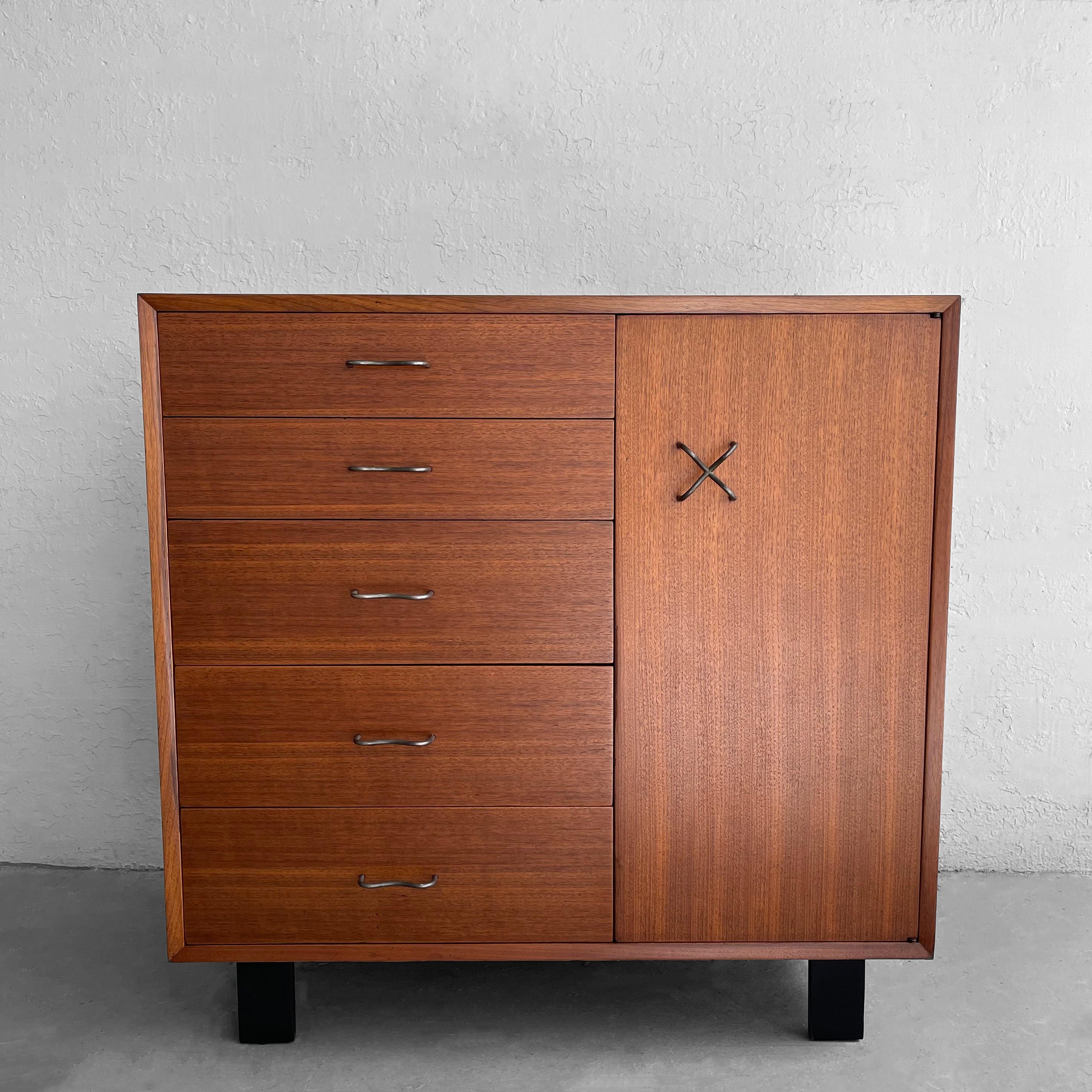 Classic, Mid-Century Modern, walnut, highboy dresser by George Nelson for Herman Miller features 5 drawers with original steel 
