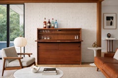 Mid-Century Modern Walnut Drop-Front Dry Bar Cabinet with Shelving