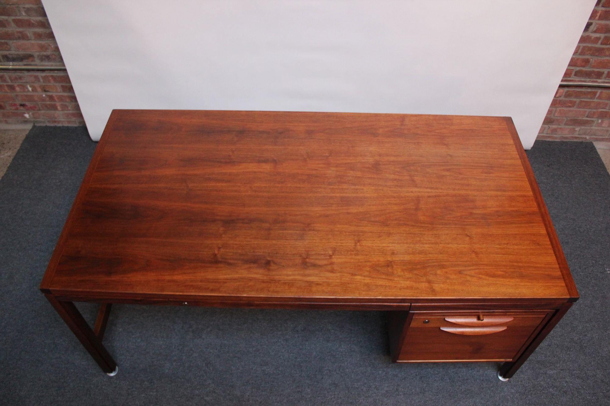 American Mid-Century Modern Walnut Executive Desk with File Cabinet Drawer by Jens Risom