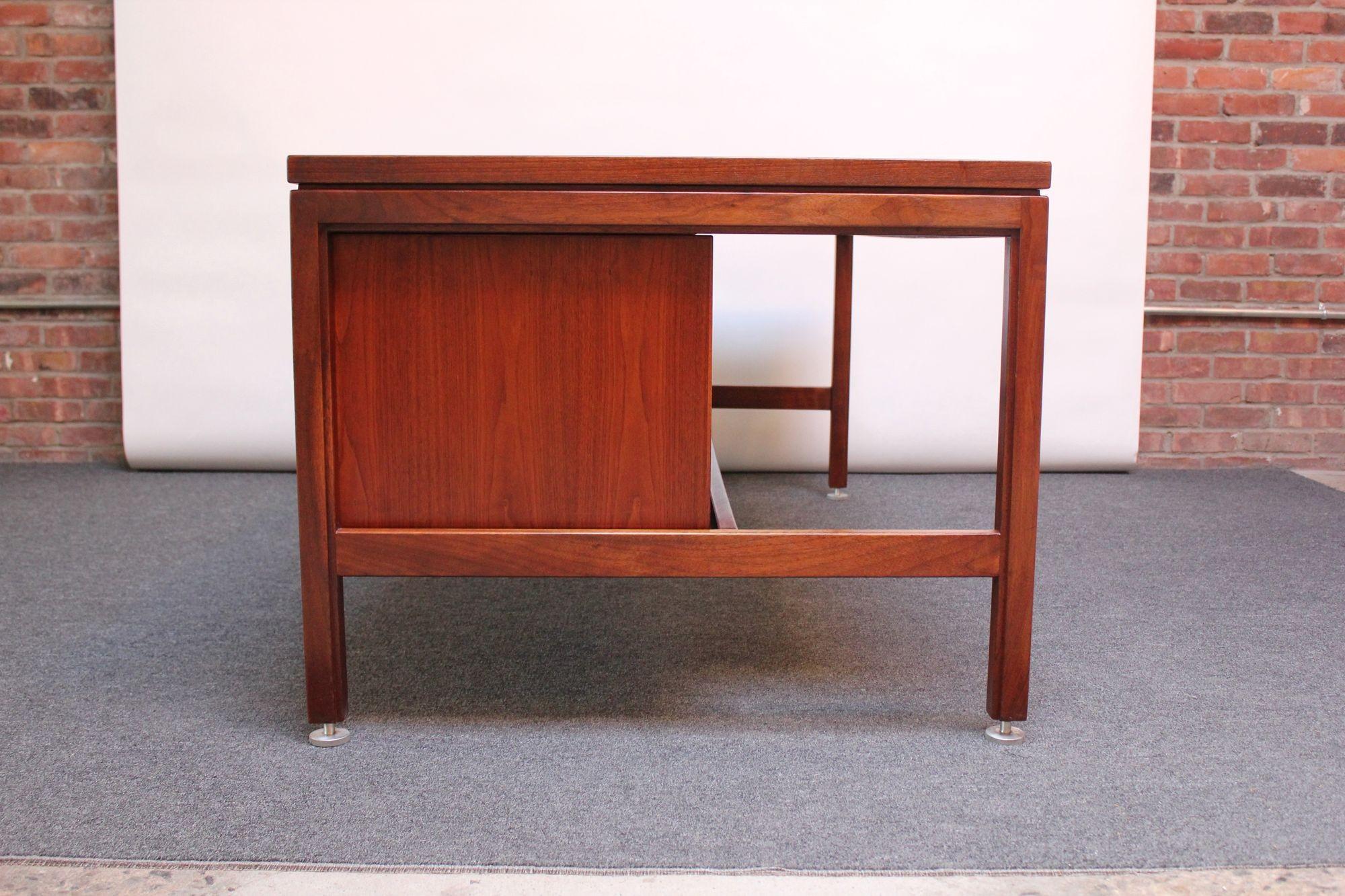 Aluminum Mid-Century Modern Walnut Executive Desk with File Cabinet Drawer by Jens Risom