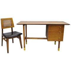 Retro Mid-Century Modern Walnut Floating Top Writing Desk & Cane Hibriten Desk Chair