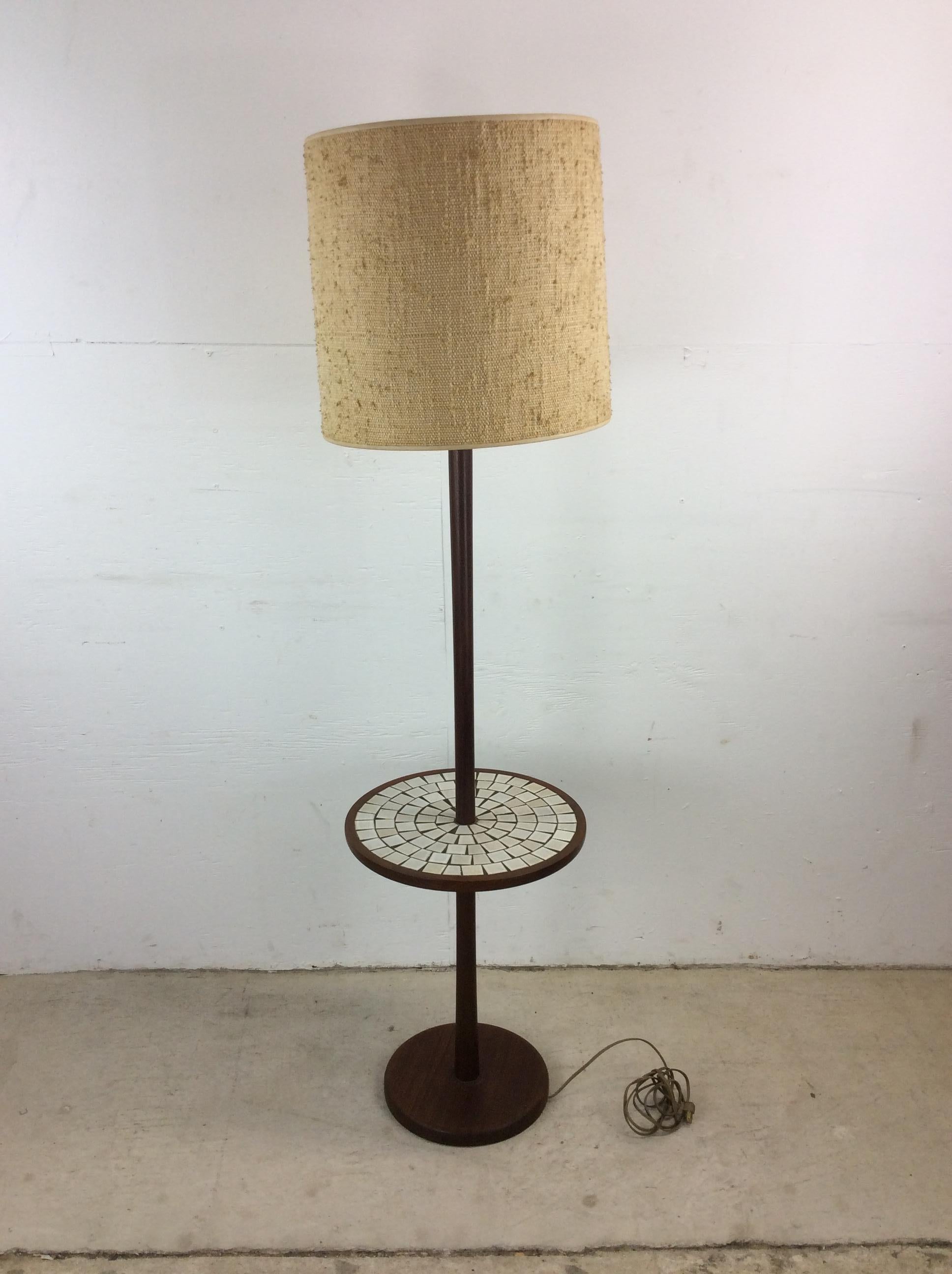 Mid Century Modern Walnut Floor Lamp with Mosaic Tile End Table For Sale 6