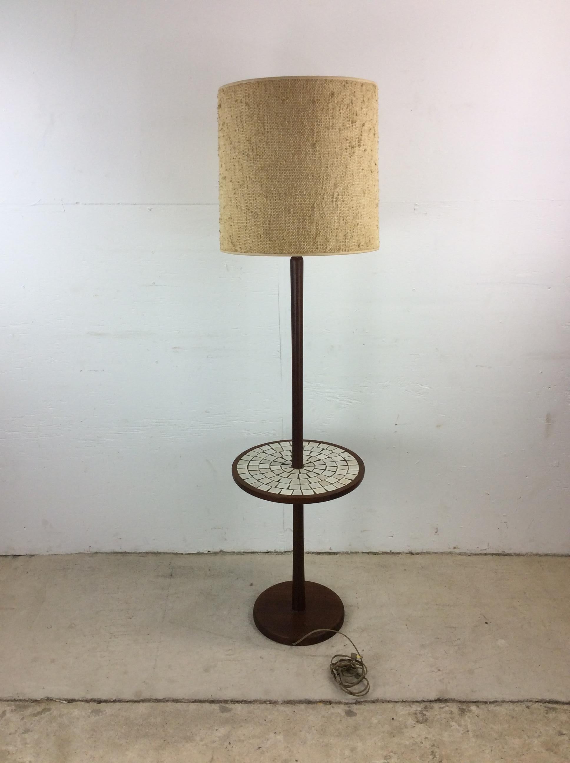 Mid Century Modern Walnut Floor Lamp with Mosaic Tile End Table For Sale 7