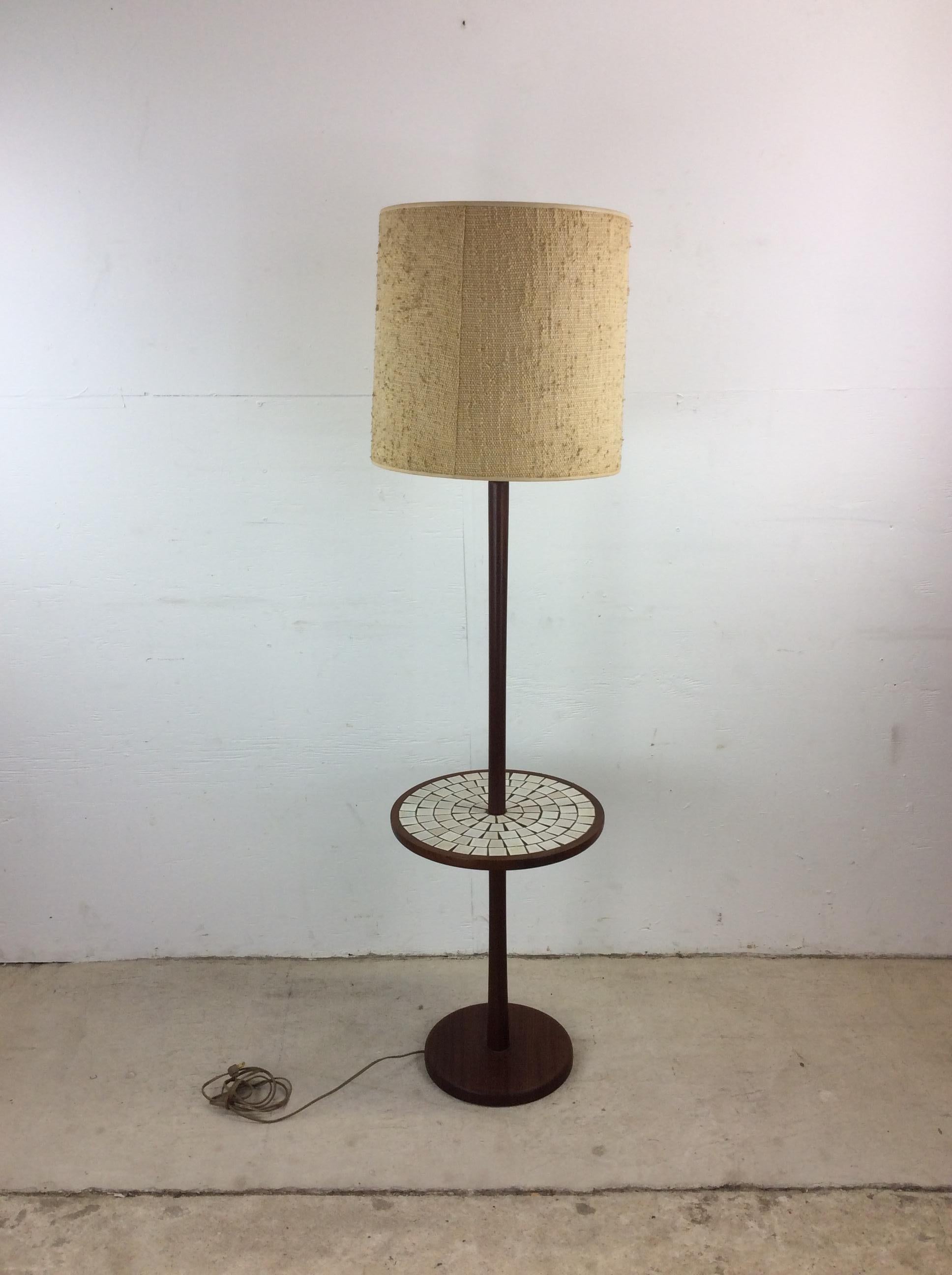 Mid Century Modern Walnut Floor Lamp with Mosaic Tile End Table For Sale 8