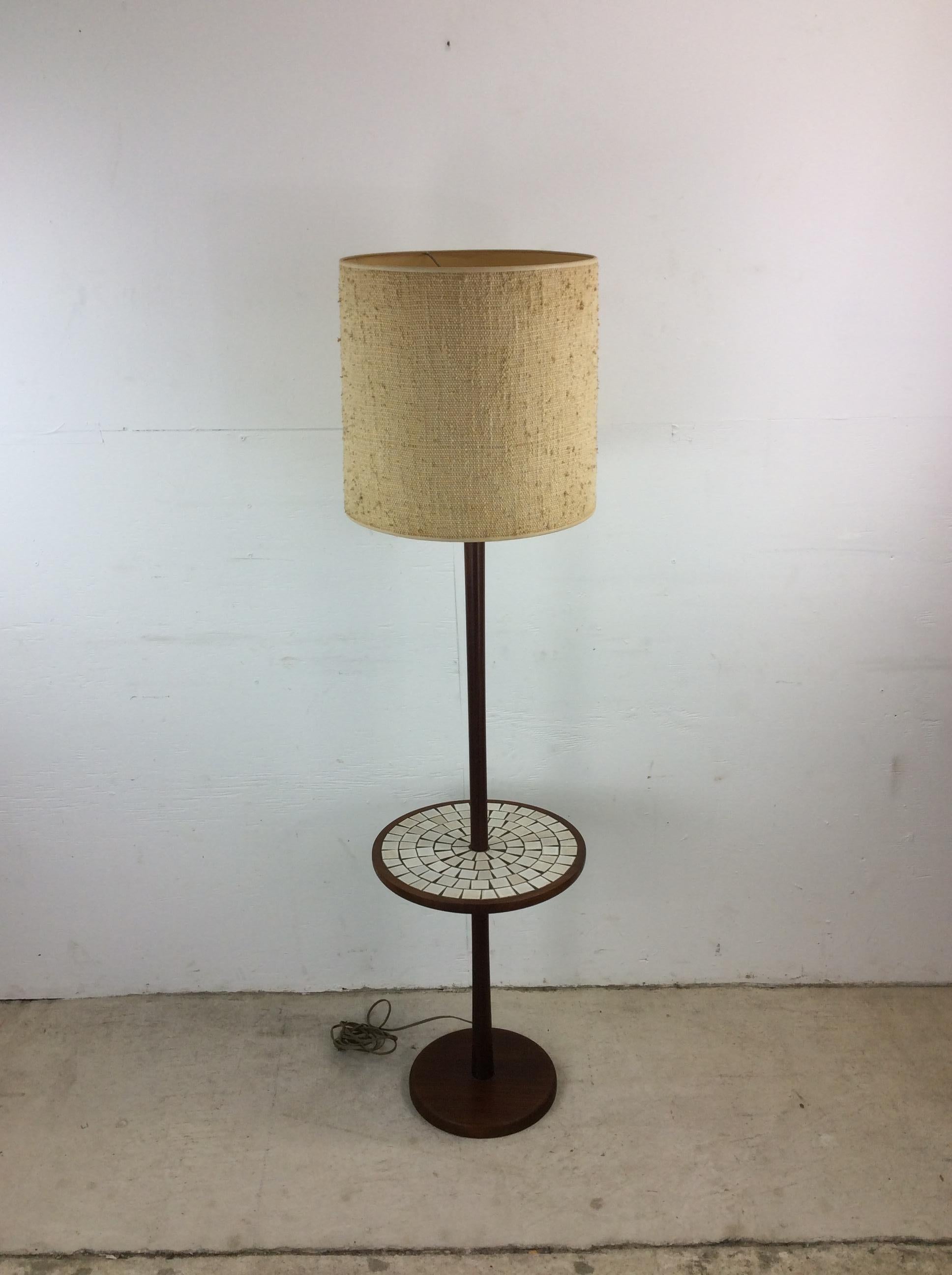 American Mid Century Modern Walnut Floor Lamp with Mosaic Tile End Table For Sale