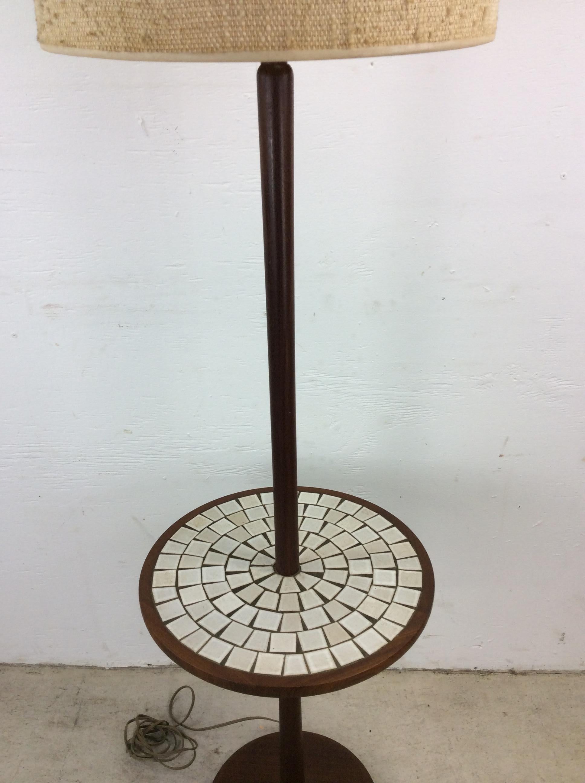 Ceramic Mid Century Modern Walnut Floor Lamp with Mosaic Tile End Table For Sale