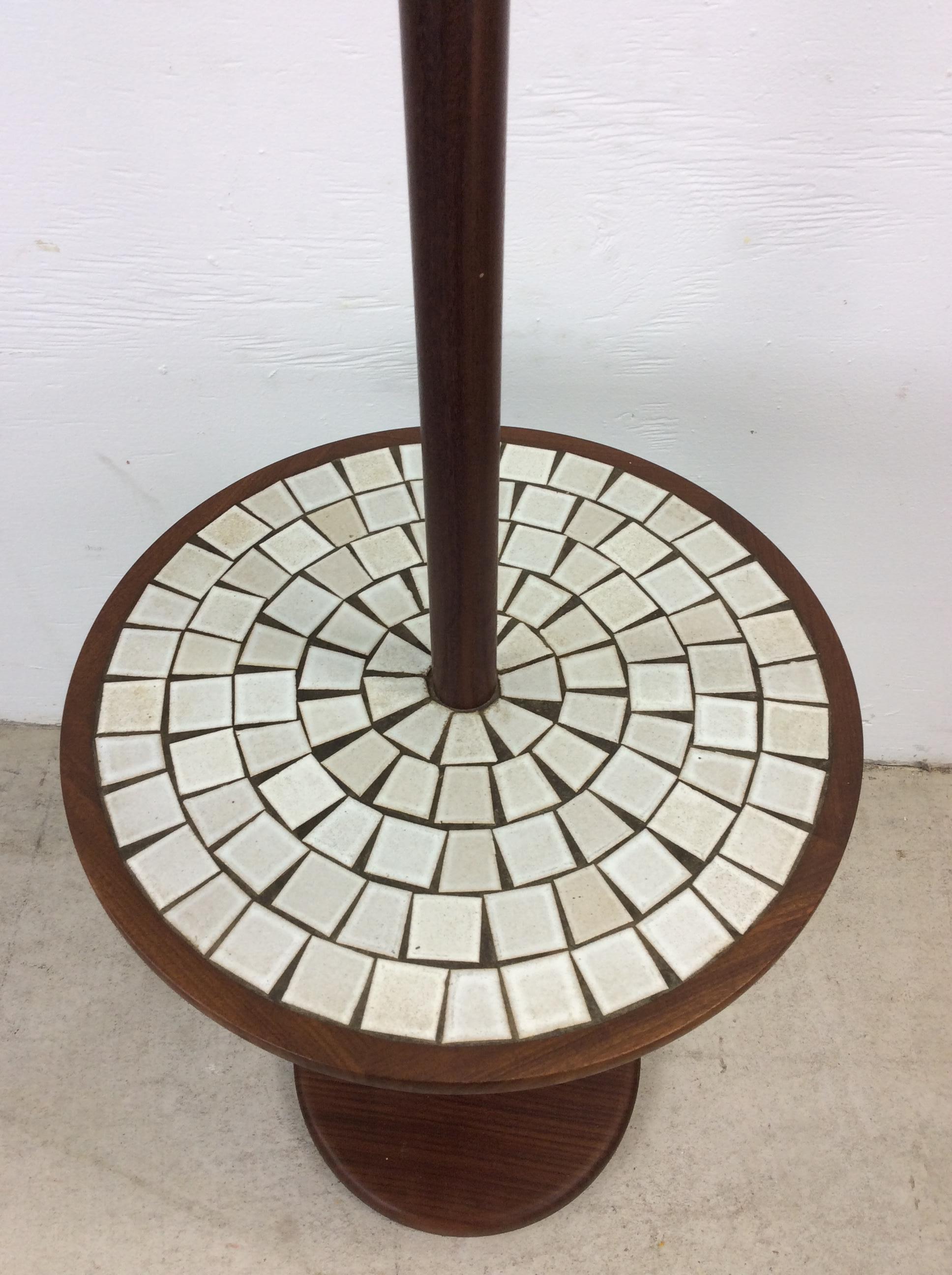 Mid Century Modern Walnut Floor Lamp with Mosaic Tile End Table For Sale 1