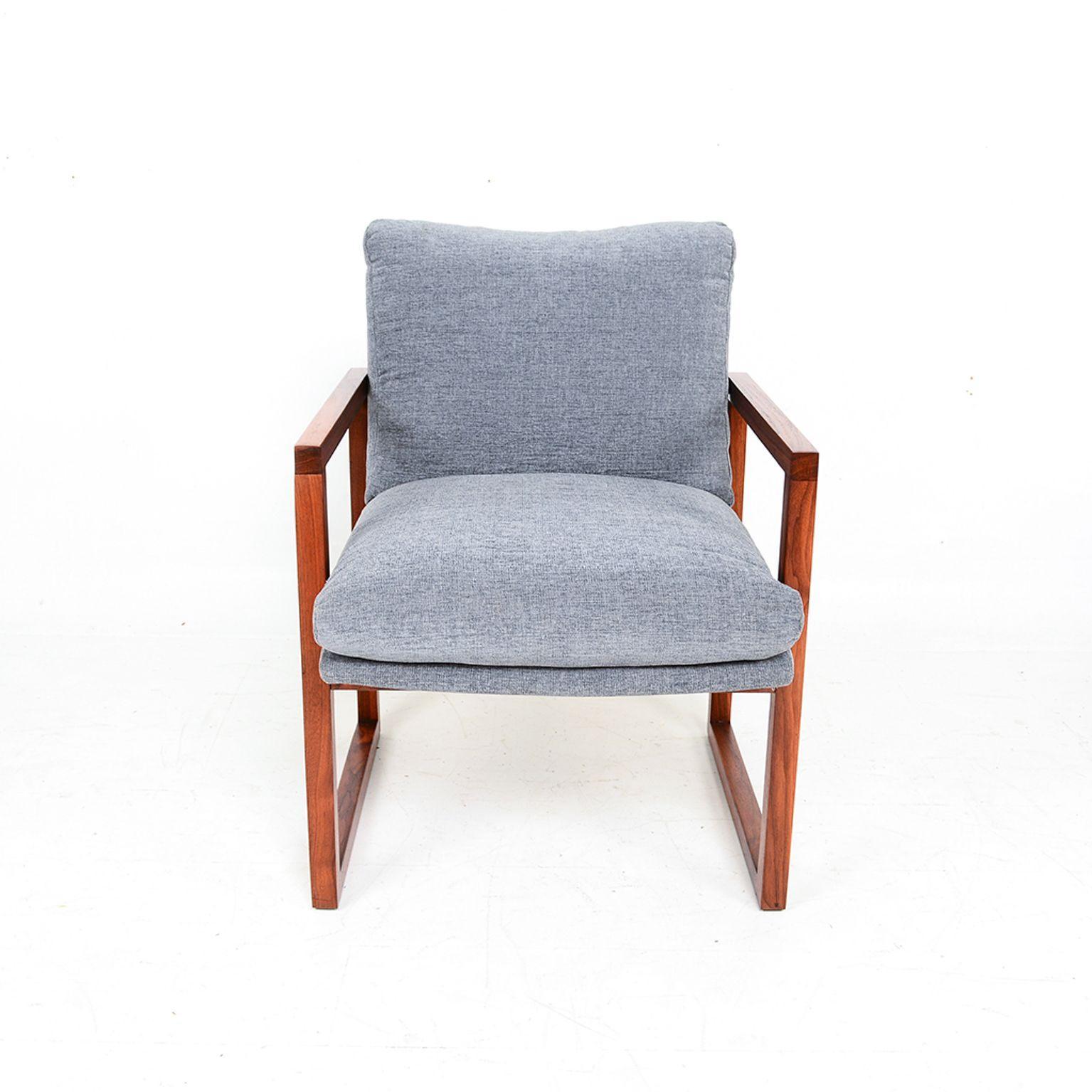 Mid-Century Modern  1960s Modern Gray Armchair Solid Walnut Frame Style Milo Baughman 