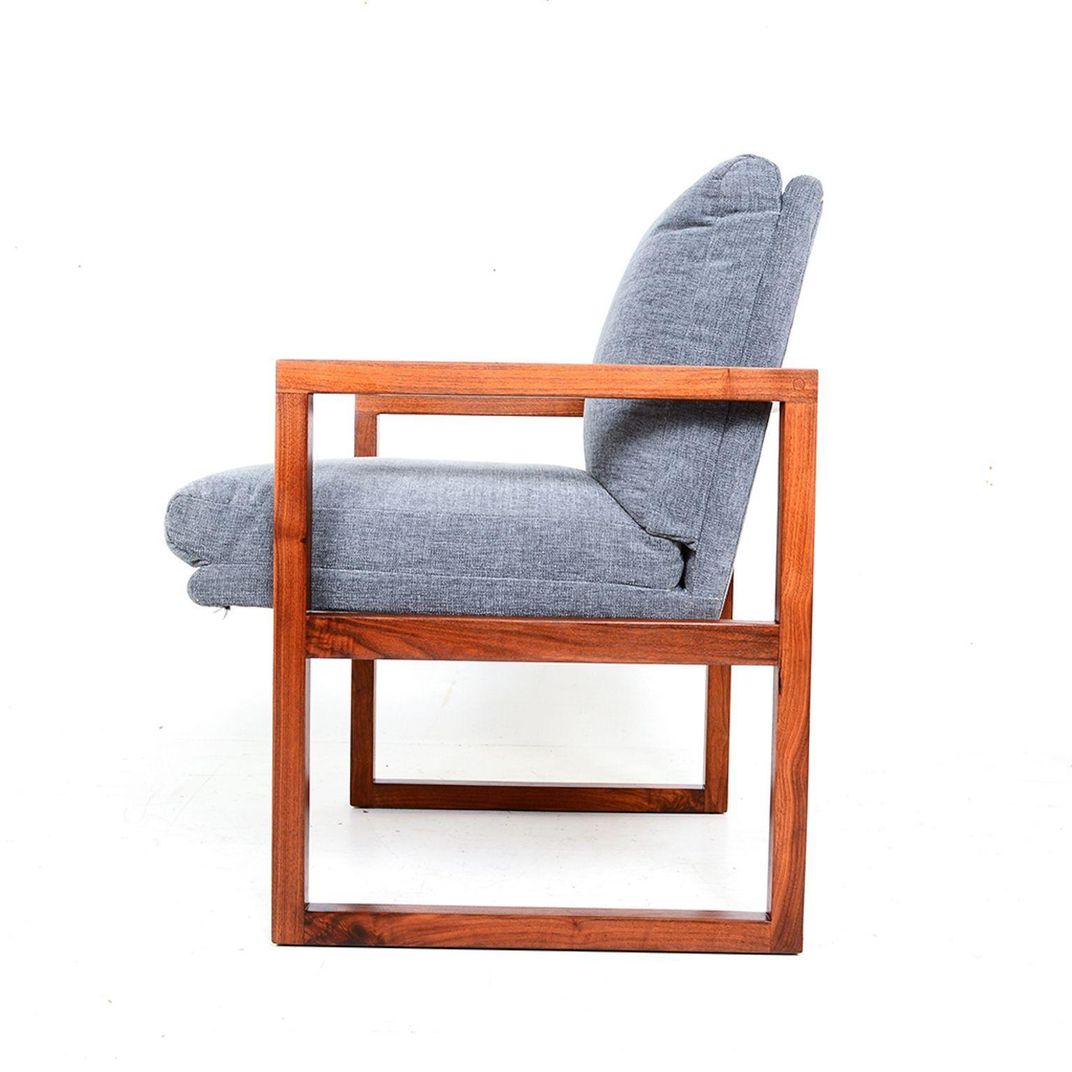 American  1960s Modern Gray Armchair Solid Walnut Frame Style Milo Baughman 