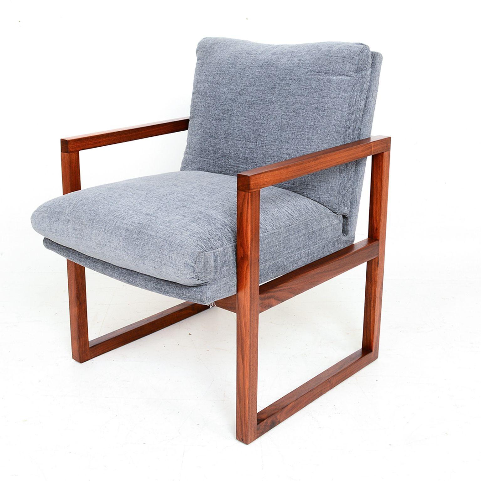  1960s Modern Gray Armchair Solid Walnut Frame Style Milo Baughman  In Good Condition In Chula Vista, CA