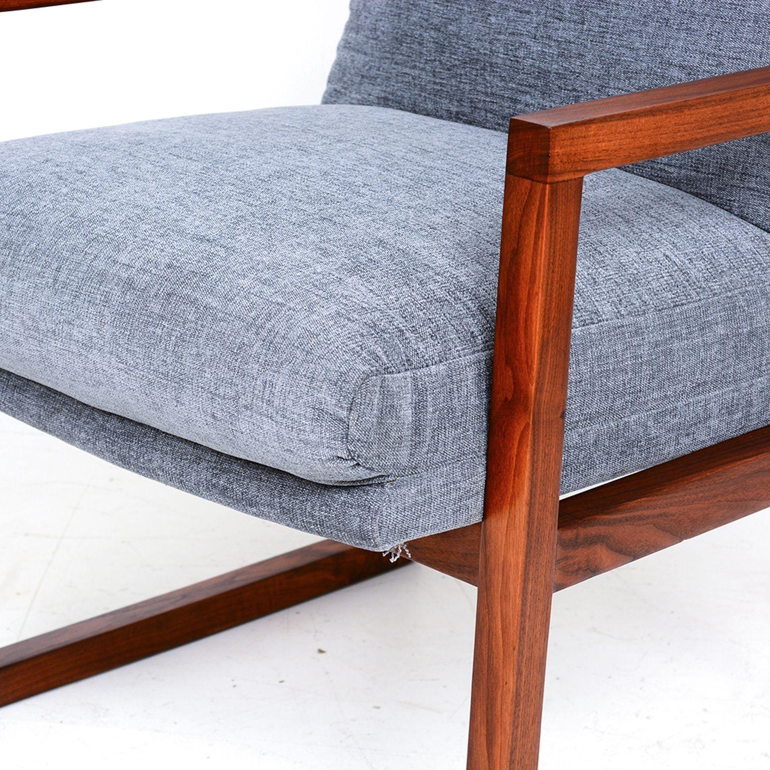 Mid-20th Century  1960s Modern Gray Armchair Solid Walnut Frame Style Milo Baughman 