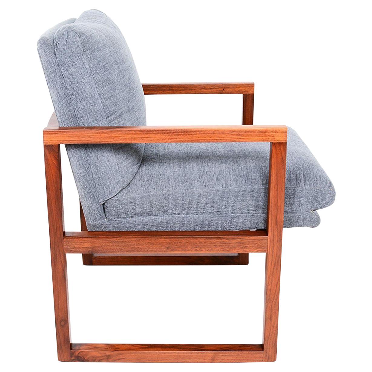  1960s Modern Gray Armchair Solid Walnut Frame Style Milo Baughman 