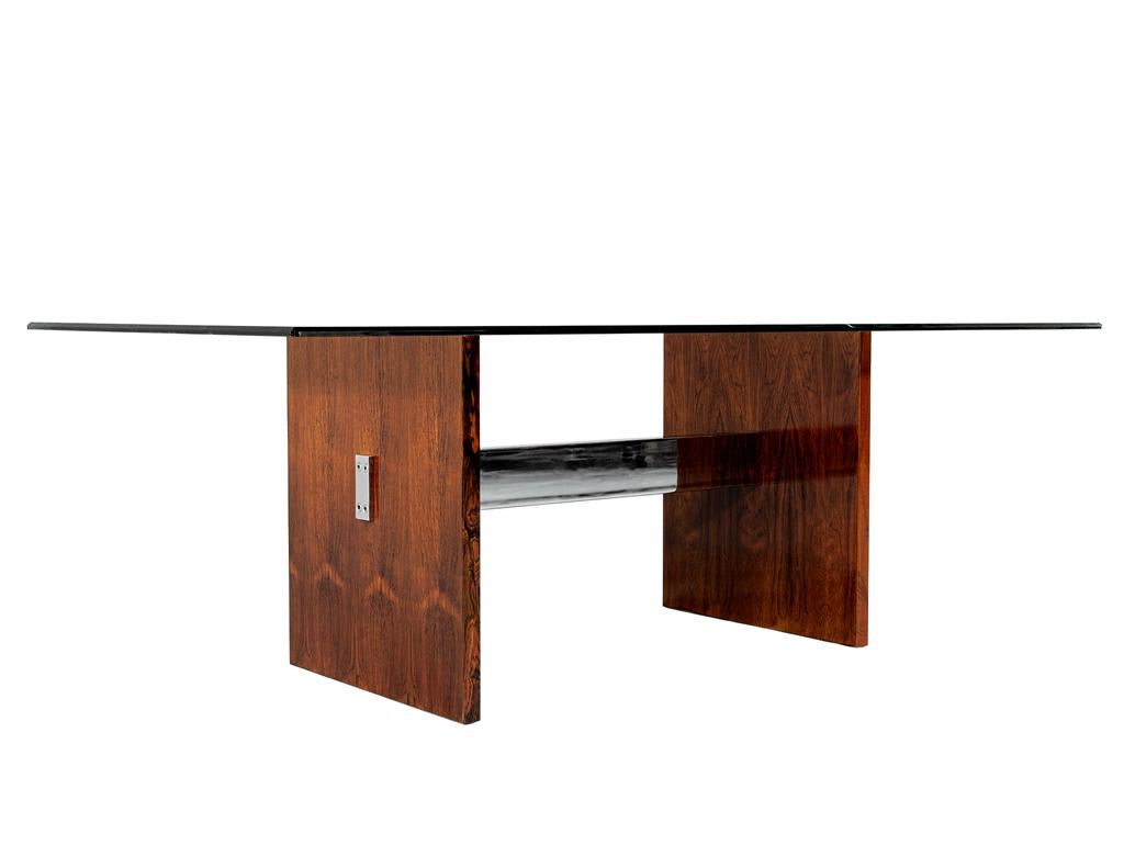 Mid-Century Modern Walnut Glass Top Dining Table, 1970’s, Milo Baughman Style For Sale 4