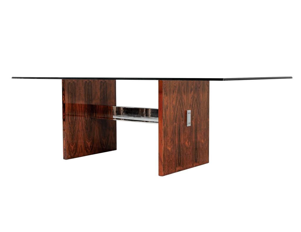 Mid-Century Modern Walnut Glass Top Dining Table, 1970’s, Milo Baughman Style For Sale 6