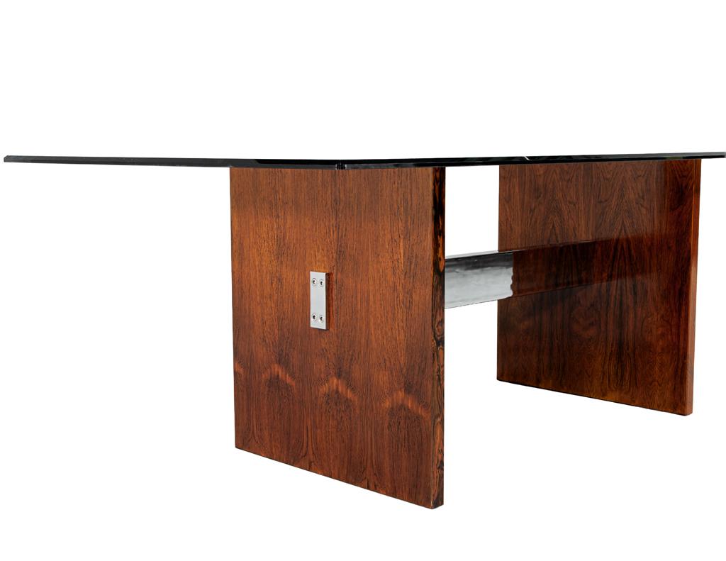 Mid-Century Modern Walnut Glass Top Dining Table, 1970’s, Milo Baughman Style For Sale 8