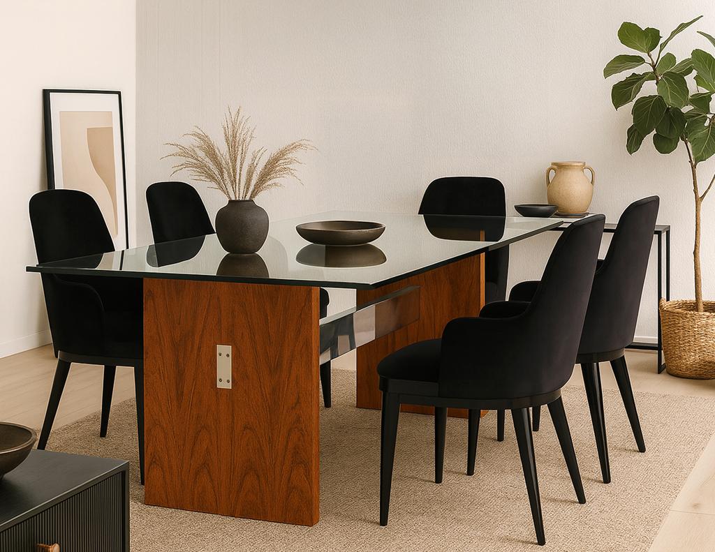 This mid-century modern dining table, made in the USA circa 1970s, features a striking high-gloss walnut base in a warm, reddish tone. The panelled walnut pedestal is complemented by a polished metal stretcher with exterior accents, offering a