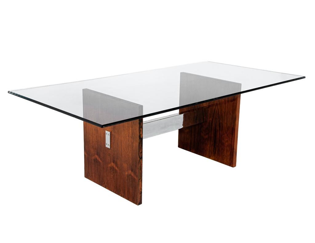 American Mid-Century Modern Walnut Glass Top Dining Table, 1970’s, Milo Baughman Style For Sale