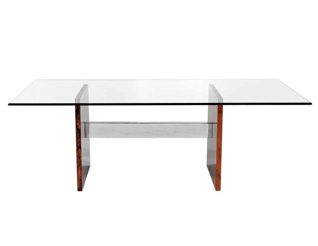 Mid-Century Modern Walnut Glass Top Dining Table, 1970’s, Milo Baughman Style In Good Condition For Sale In North York, ON