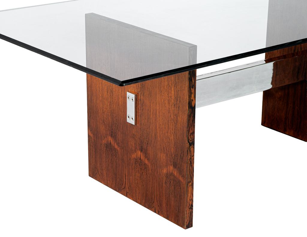 Late 20th Century Mid-Century Modern Walnut Glass Top Dining Table, 1970’s, Milo Baughman Style For Sale