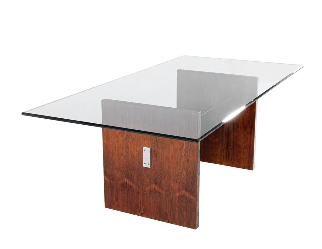 Stainless Steel Mid-Century Modern Walnut Glass Top Dining Table, 1970’s, Milo Baughman Style For Sale