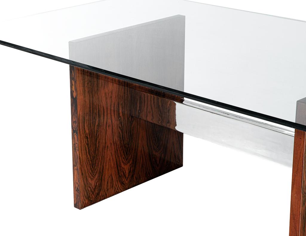 Mid-Century Modern Walnut Glass Top Dining Table, 1970’s, Milo Baughman Style For Sale 1